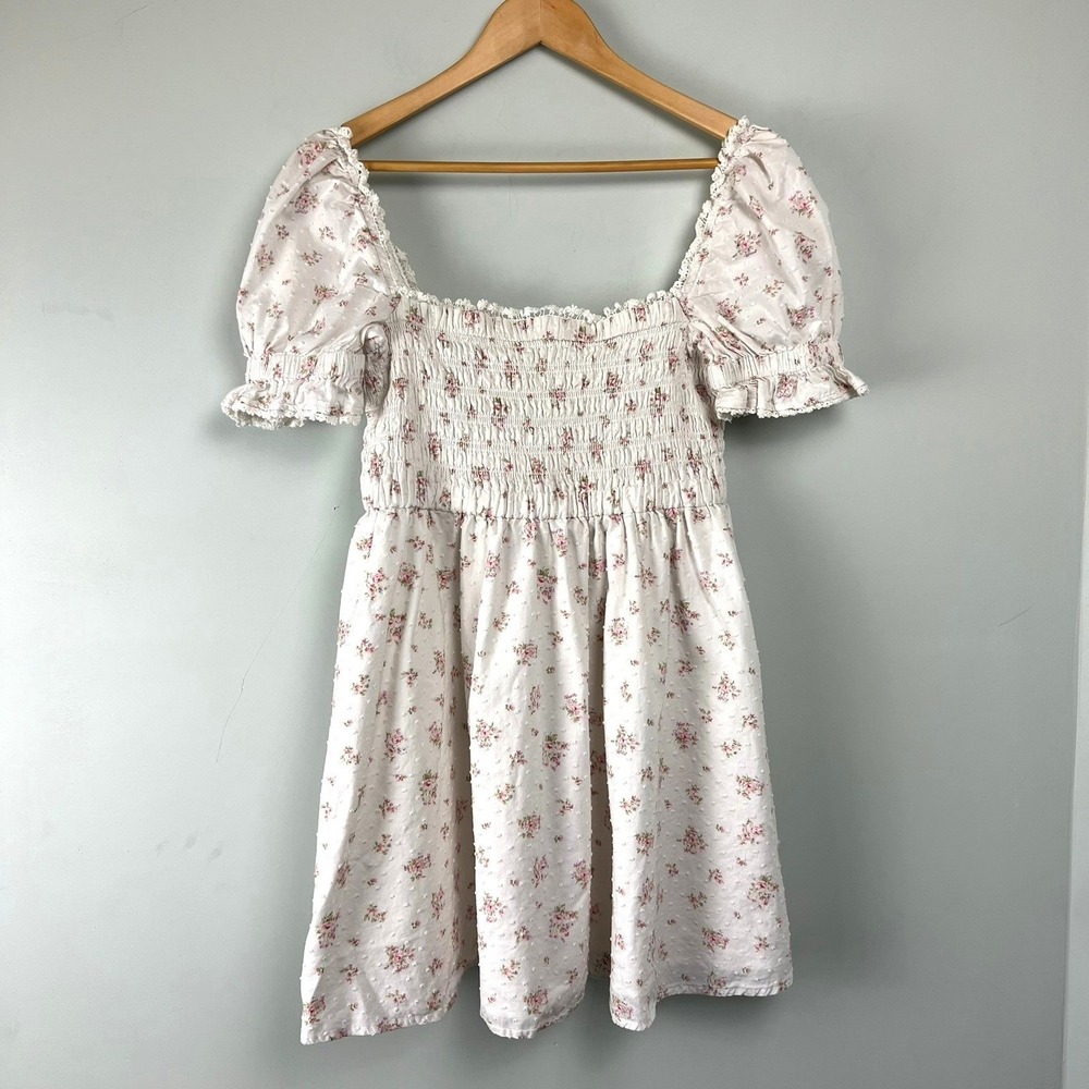 Altar'd State White Floral Swiss Dot Smocked Mini Dress L Milkmaid Coquette Boho